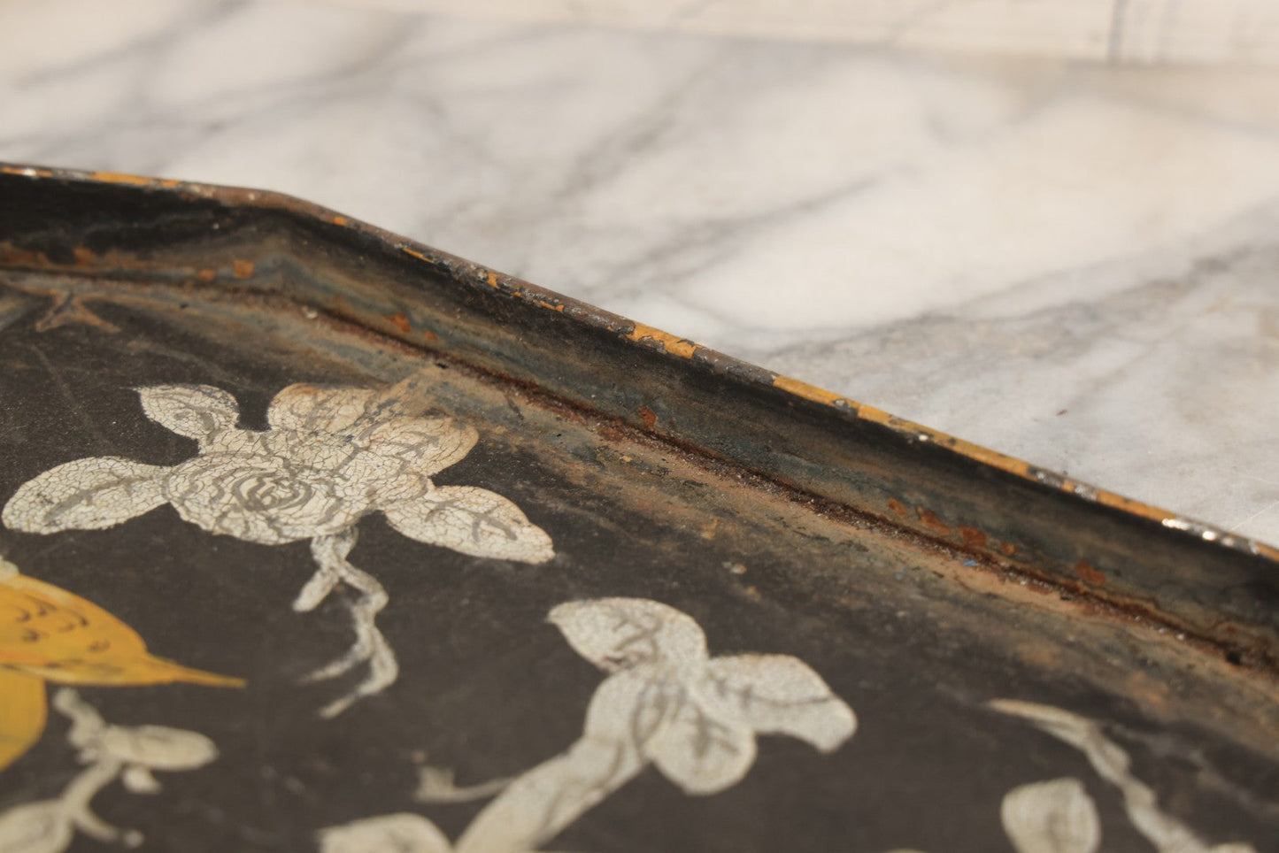 Lot 033 - Vintage Hand Painted Toleware Tray With Silver Flowers And Branches, Yellow Birds, Black Base