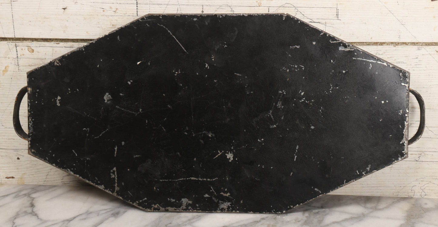 Lot 033 - Vintage Hand Painted Toleware Tray With Silver Flowers And Branches, Yellow Birds, Black Base