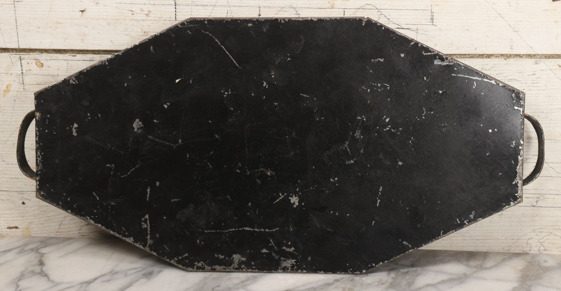 Lot 033 - Vintage Hand Painted Toleware Tray With Silver Flowers And Branches, Yellow Birds, Black Base