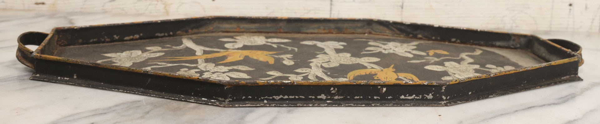 Lot 033 - Vintage Hand Painted Toleware Tray With Silver Flowers And Branches, Yellow Birds, Black Base