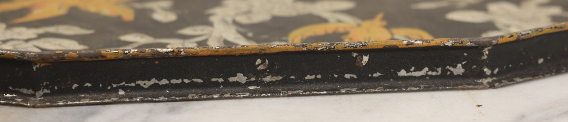 Lot 033 - Vintage Hand Painted Toleware Tray With Silver Flowers And Branches, Yellow Birds, Black Base