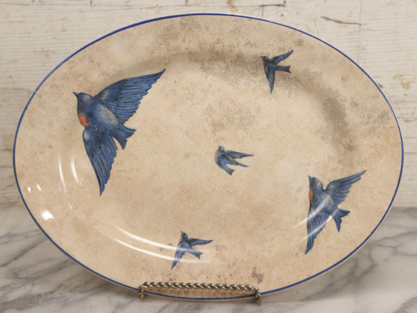 Lot 034 - Antique Hand Painted Dinner Platter With Bluebirds Motif, K.T. & K. China Hallmark, Knowles, Taylor, And Knowles