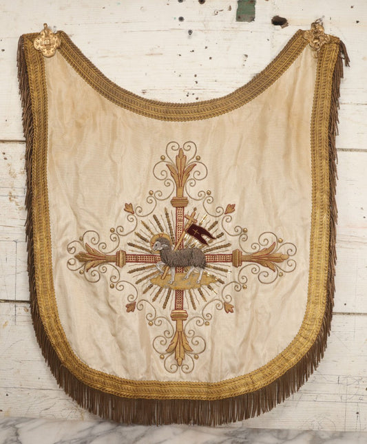 Lot 039 -  Antique Embroidered Religious Liturgical Priests Apron Bib With Agnus Dei Lamb And Cross Motif, Gold Fringe Trim