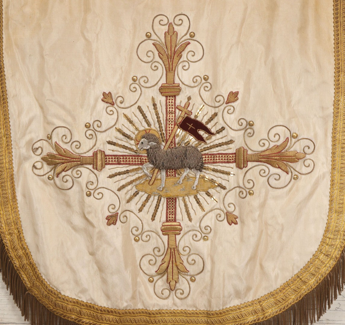 Lot 039 -  Antique Embroidered Religious Liturgical Priests Apron Bib With Agnus Dei Lamb And Cross Motif, Gold Fringe Trim