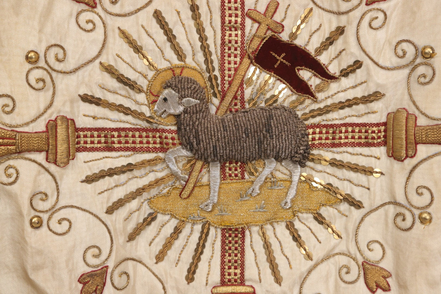 Lot 039 -  Antique Embroidered Religious Liturgical Priests Apron Bib With Agnus Dei Lamb And Cross Motif, Gold Fringe Trim