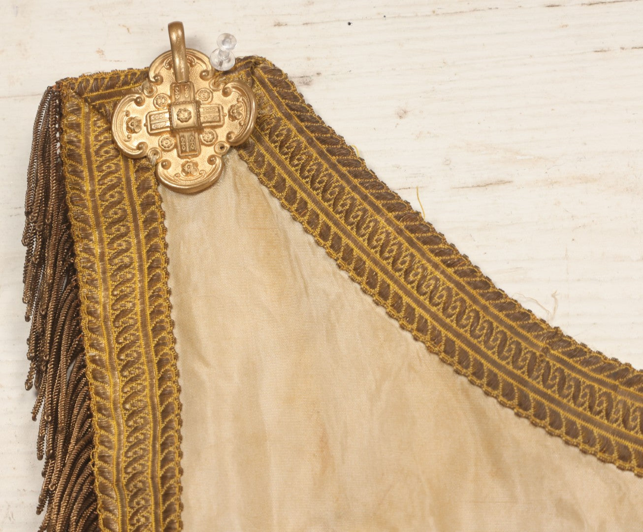 Lot 039 -  Antique Embroidered Religious Liturgical Priests Apron Bib With Agnus Dei Lamb And Cross Motif, Gold Fringe Trim