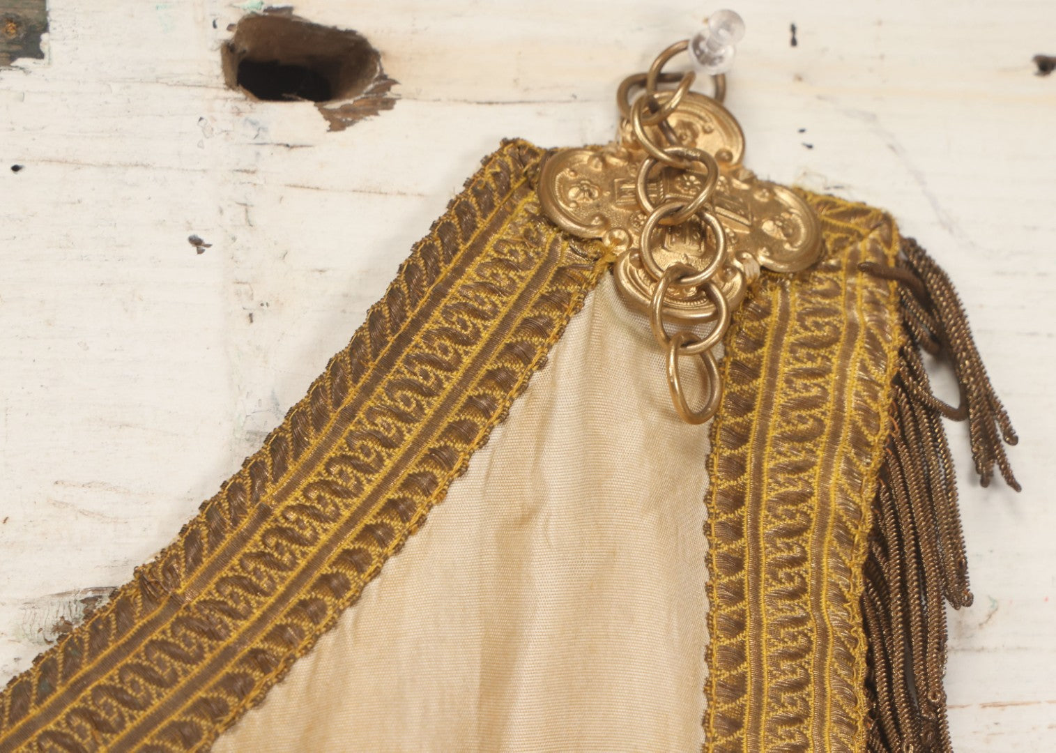 Lot 039 -  Antique Embroidered Religious Liturgical Priests Apron Bib With Agnus Dei Lamb And Cross Motif, Gold Fringe Trim