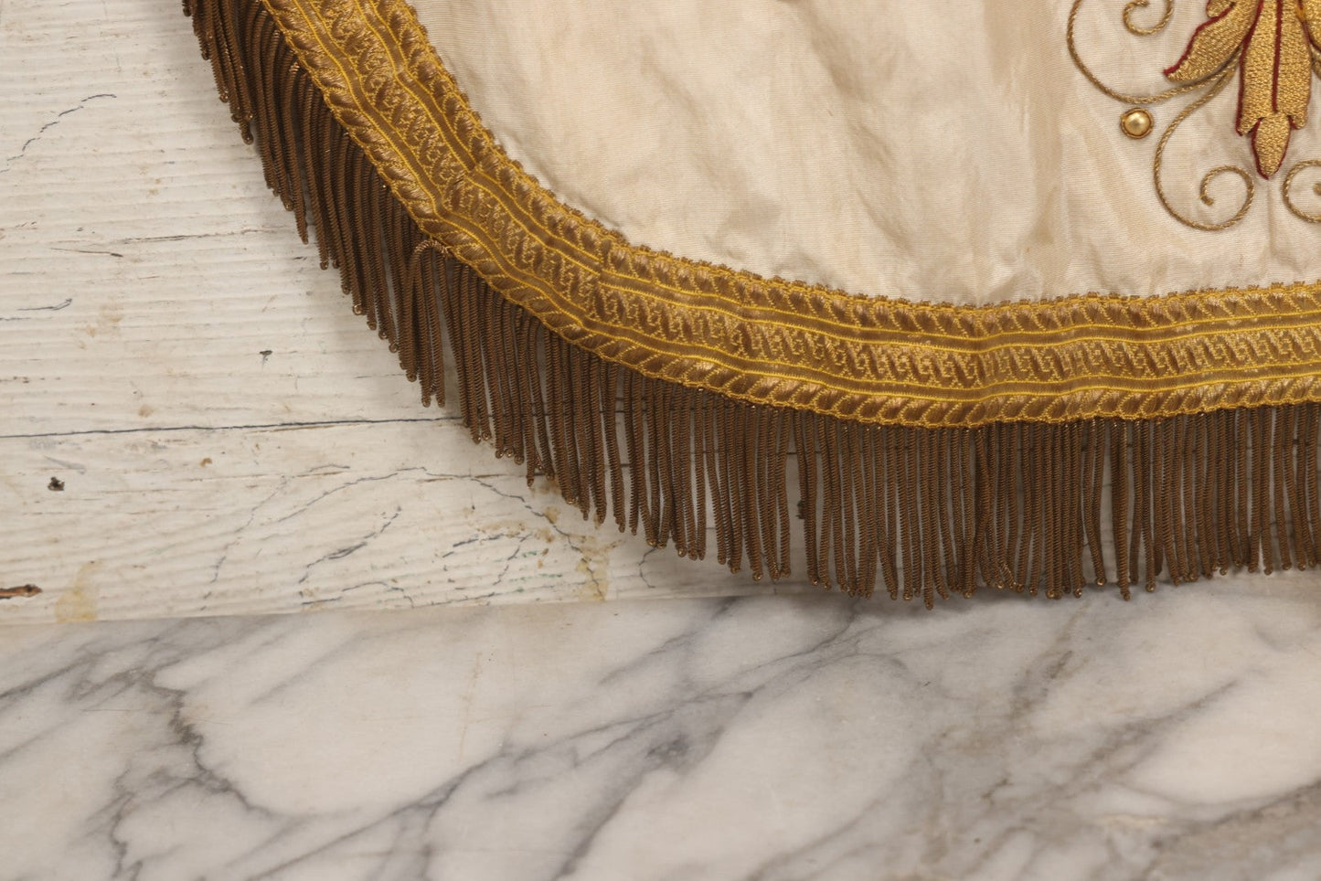 Lot 039 -  Antique Embroidered Religious Liturgical Priests Apron Bib With Agnus Dei Lamb And Cross Motif, Gold Fringe Trim