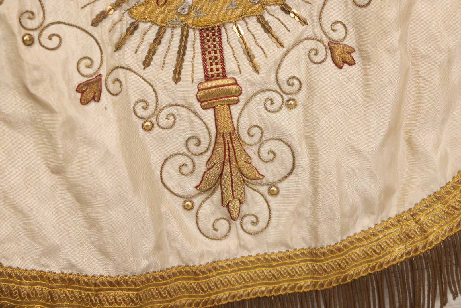 Lot 039 -  Antique Embroidered Religious Liturgical Priests Apron Bib With Agnus Dei Lamb And Cross Motif, Gold Fringe Trim