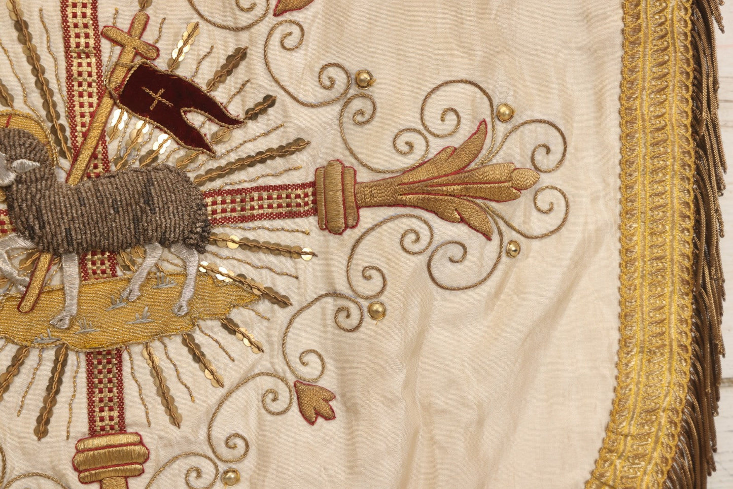 Lot 039 -  Antique Embroidered Religious Liturgical Priests Apron Bib With Agnus Dei Lamb And Cross Motif, Gold Fringe Trim