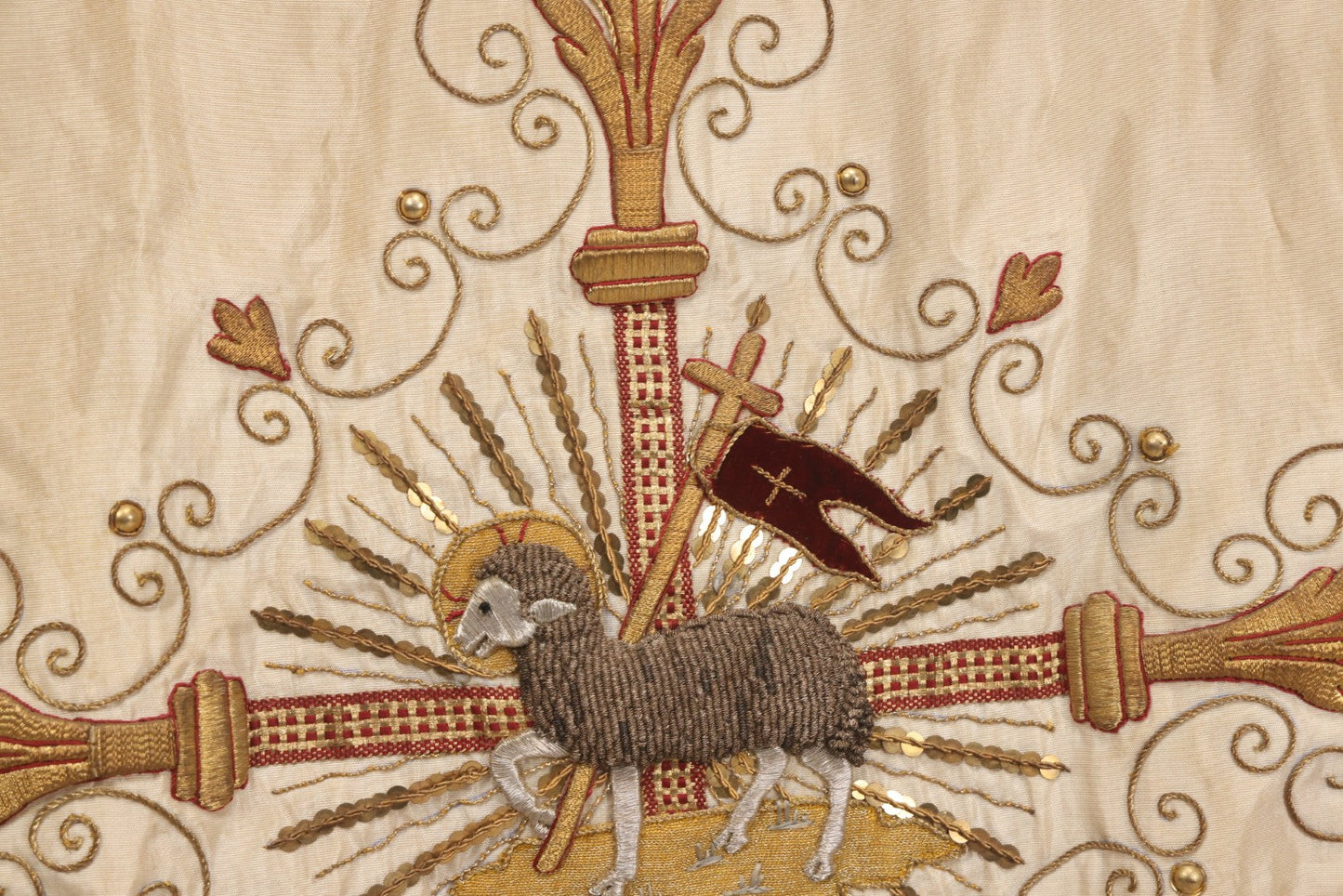 Lot 039 -  Antique Embroidered Religious Liturgical Priests Apron Bib With Agnus Dei Lamb And Cross Motif, Gold Fringe Trim