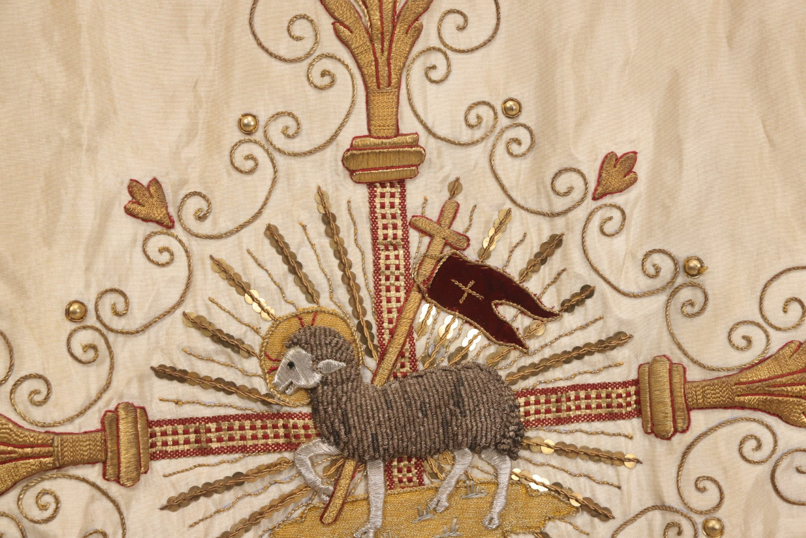 Lot 039 -  Antique Embroidered Religious Liturgical Priests Apron Bib With Agnus Dei Lamb And Cross Motif, Gold Fringe Trim