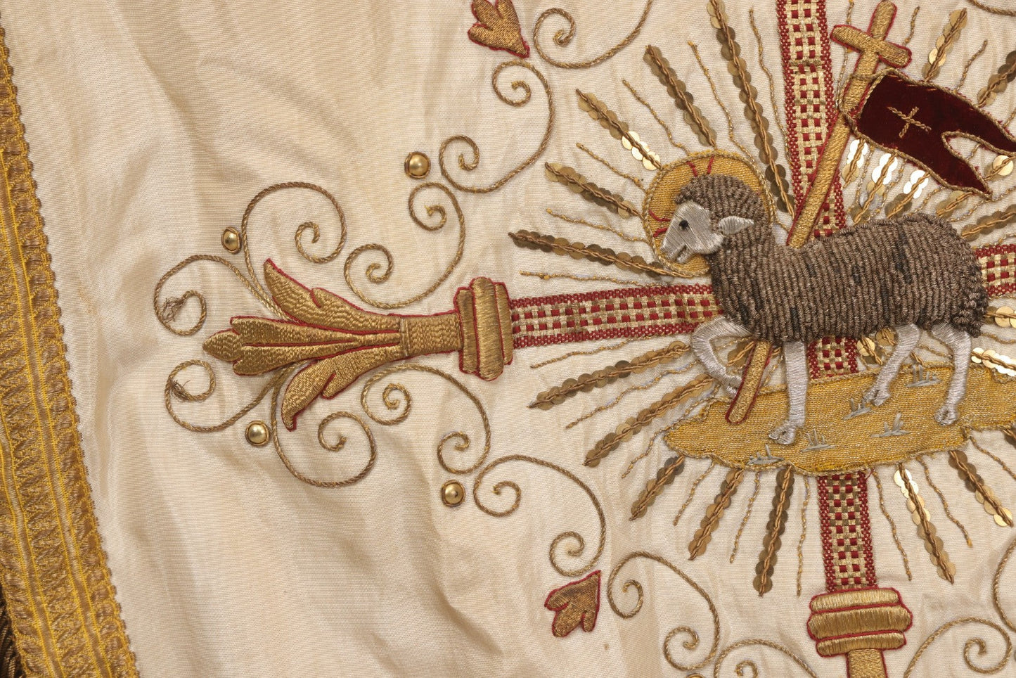 Lot 039 -  Antique Embroidered Religious Liturgical Priests Apron Bib With Agnus Dei Lamb And Cross Motif, Gold Fringe Trim