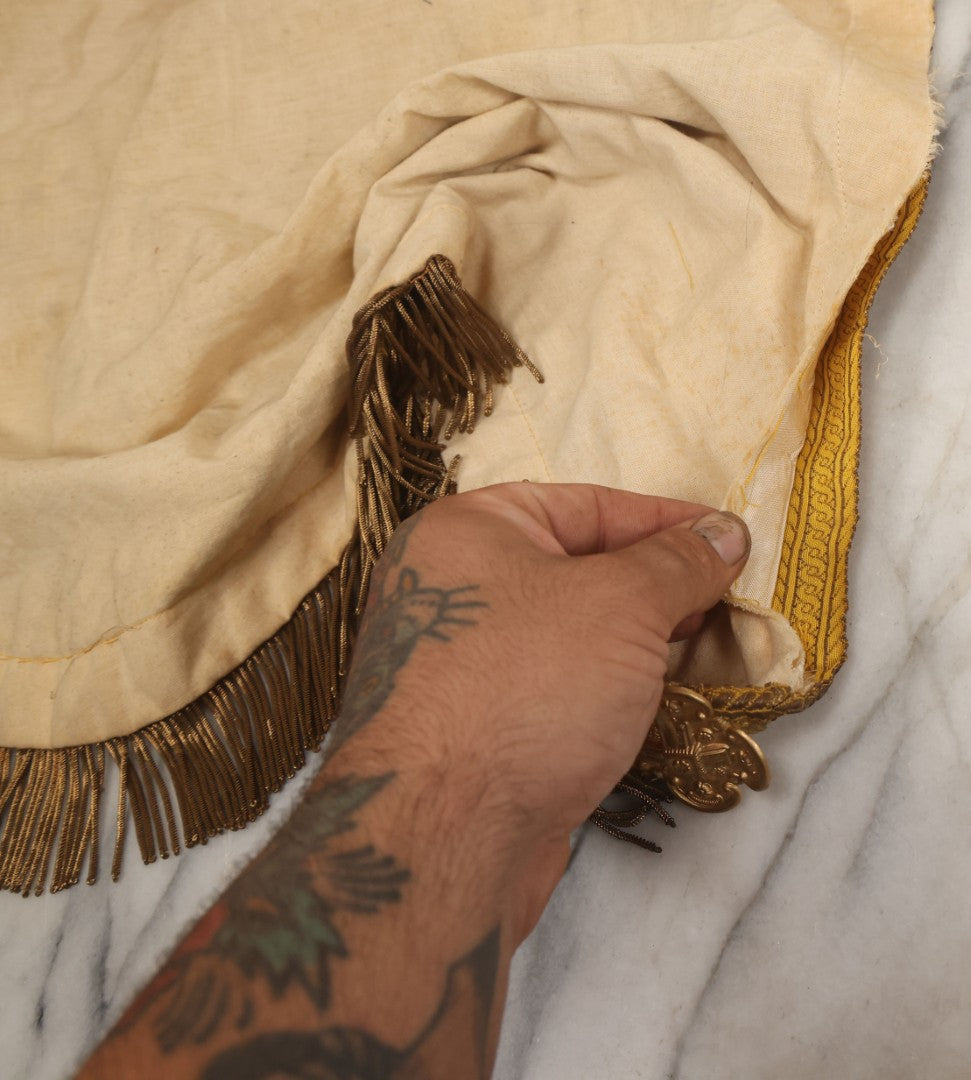 Lot 039 -  Antique Embroidered Religious Liturgical Priests Apron Bib With Agnus Dei Lamb And Cross Motif, Gold Fringe Trim