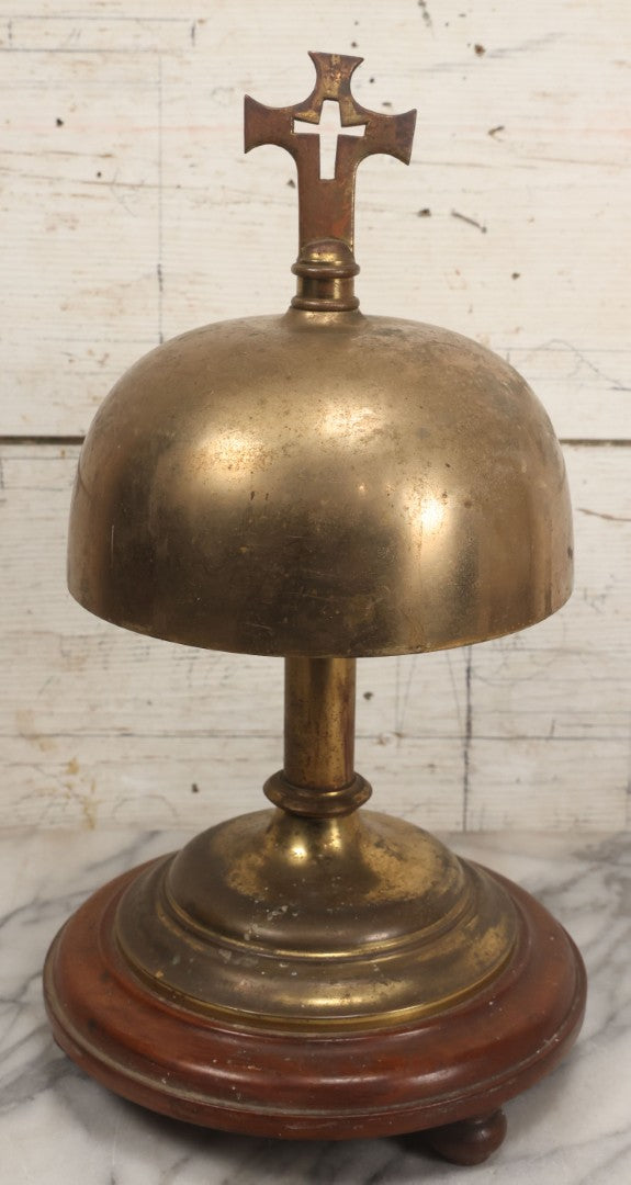 Lot 040 - Antique Brass Religious Ecclesiastical Altar Desk Bell With Cross Finial On Wooden Base, Loud, Satisfying Ring And Tone