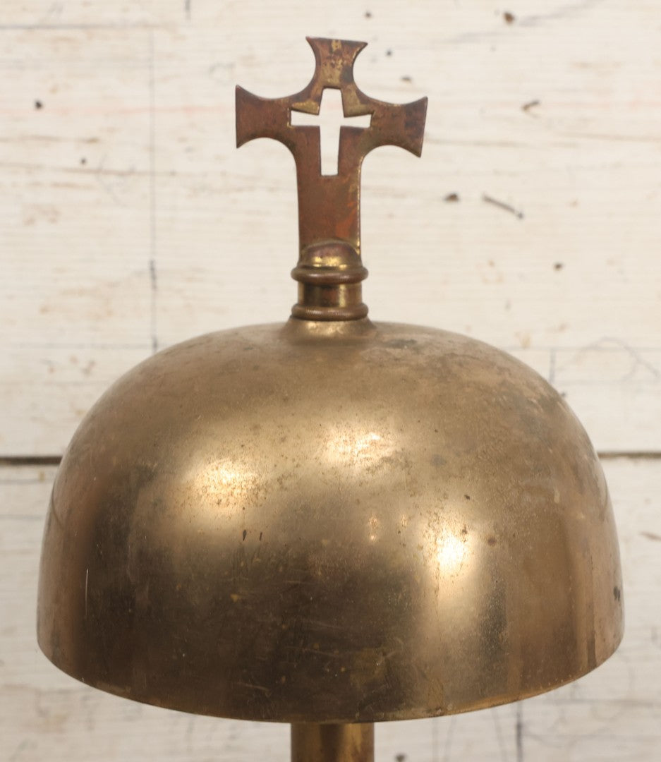 Lot 040 - Antique Brass Religious Ecclesiastical Altar Desk Bell With Cross Finial On Wooden Base, Loud, Satisfying Ring And Tone