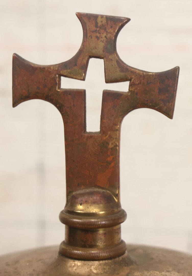 Lot 040 - Antique Brass Religious Ecclesiastical Altar Desk Bell With Cross Finial On Wooden Base, Loud, Satisfying Ring And Tone
