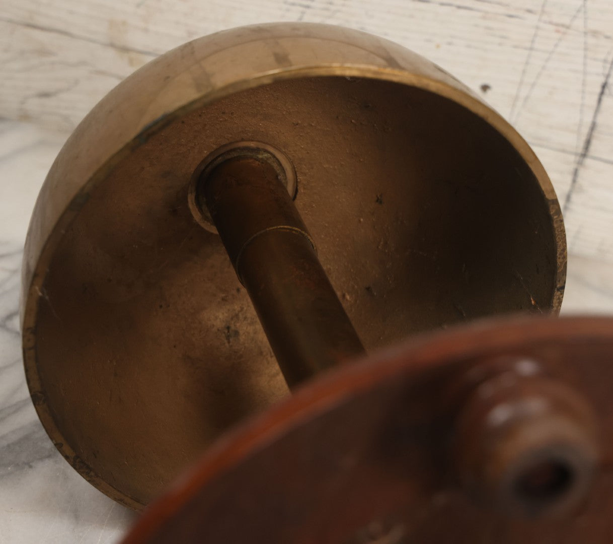 Lot 040 - Antique Brass Religious Ecclesiastical Altar Desk Bell With Cross Finial On Wooden Base, Loud, Satisfying Ring And Tone
