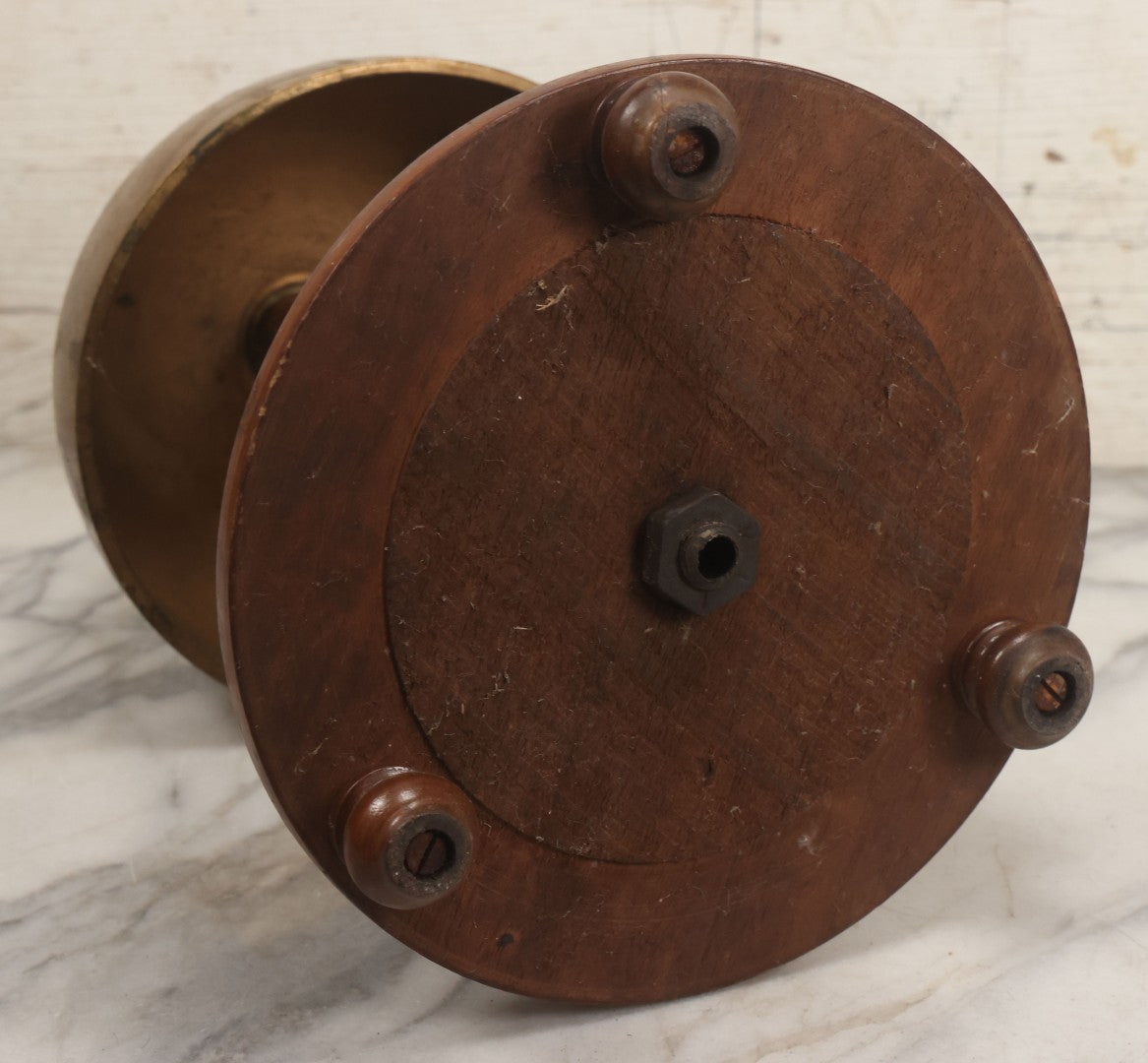 Lot 040 - Antique Brass Religious Ecclesiastical Altar Desk Bell With Cross Finial On Wooden Base, Loud, Satisfying Ring And Tone