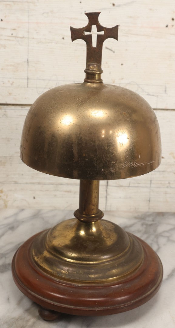 Lot 040 - Antique Brass Religious Ecclesiastical Altar Desk Bell With Cross Finial On Wooden Base, Loud, Satisfying Ring And Tone
