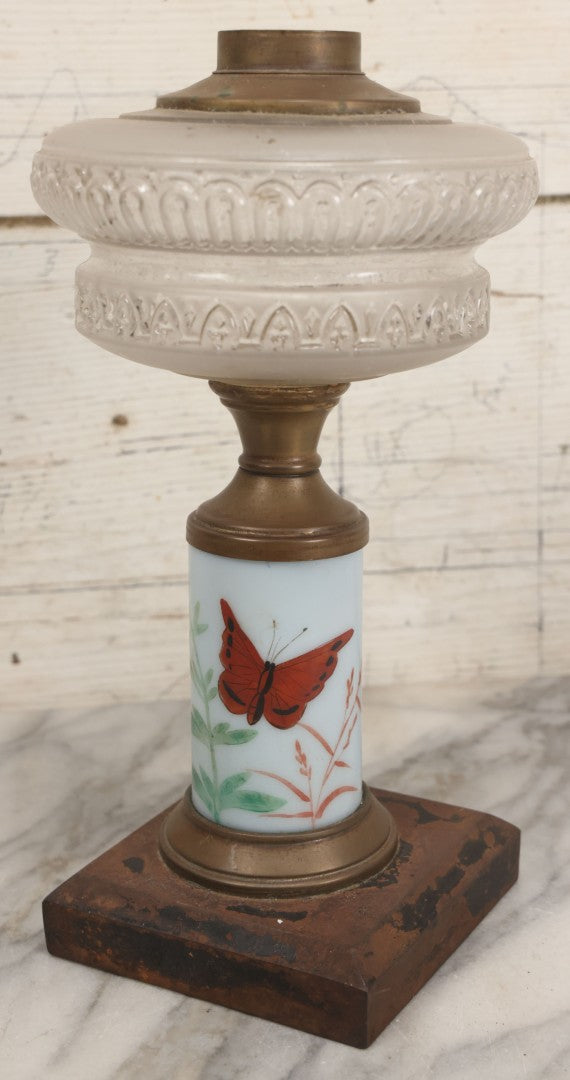 Lot 041 -  Antique Milk Glass And Brass Oil Lamp Base With Painted Red Butterfly Motif And Frosted Font