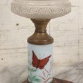 Lot 041 - Antique Milk Glass And Brass Oil Lamp Base With Painted Red Butterfly Motif And Frosted Font, 11-1/2" H