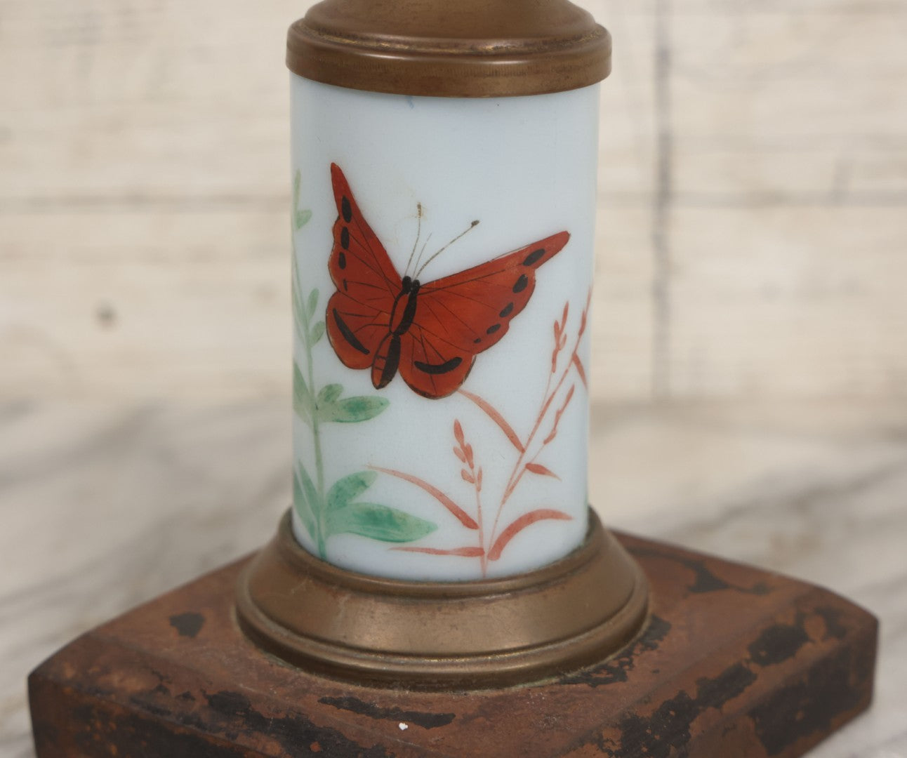 Lot 041 -  Antique Milk Glass And Brass Oil Lamp Base With Painted Red Butterfly Motif And Frosted Font