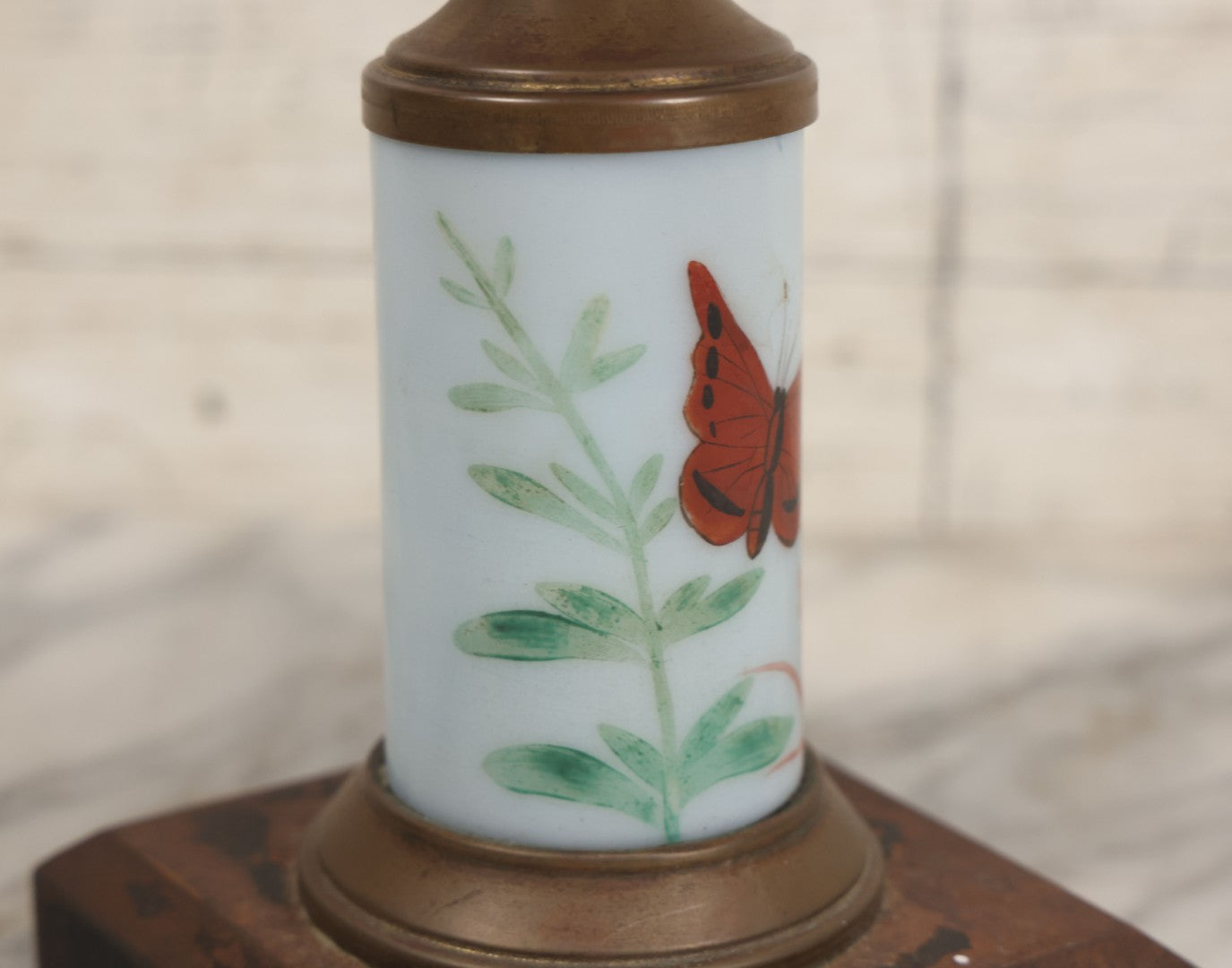 Lot 041 -  Antique Milk Glass And Brass Oil Lamp Base With Painted Red Butterfly Motif And Frosted Font