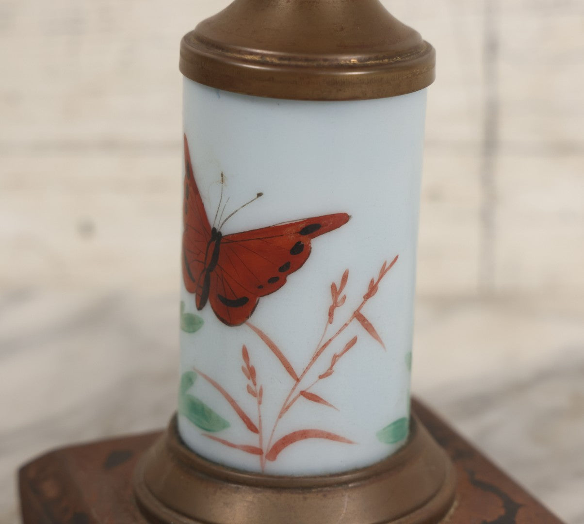 Lot 041 -  Antique Milk Glass And Brass Oil Lamp Base With Painted Red Butterfly Motif And Frosted Font