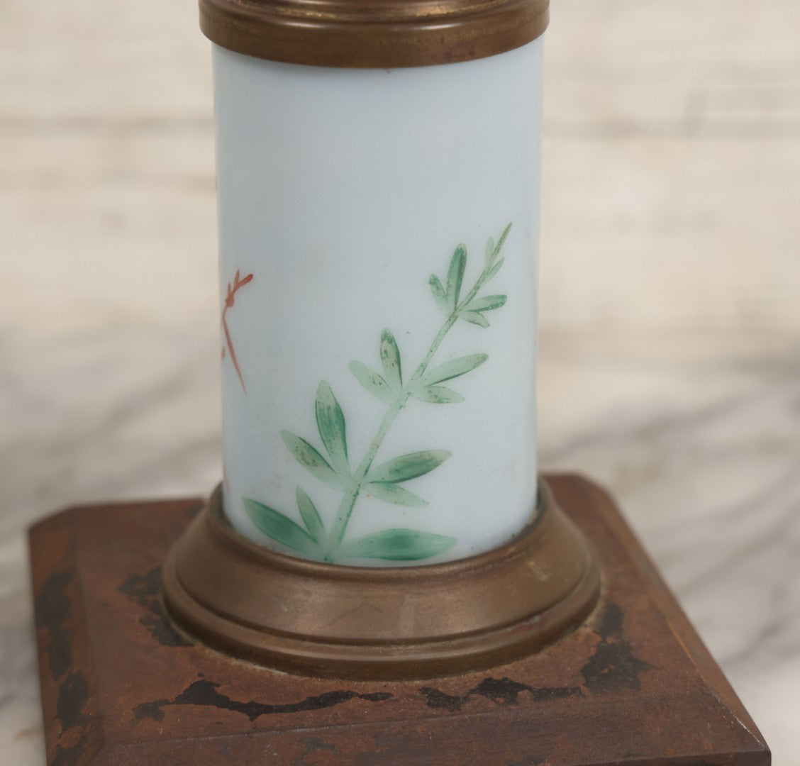 Lot 041 -  Antique Milk Glass And Brass Oil Lamp Base With Painted Red Butterfly Motif And Frosted Font