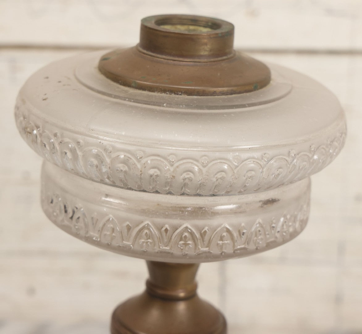 Lot 041 -  Antique Milk Glass And Brass Oil Lamp Base With Painted Red Butterfly Motif And Frosted Font