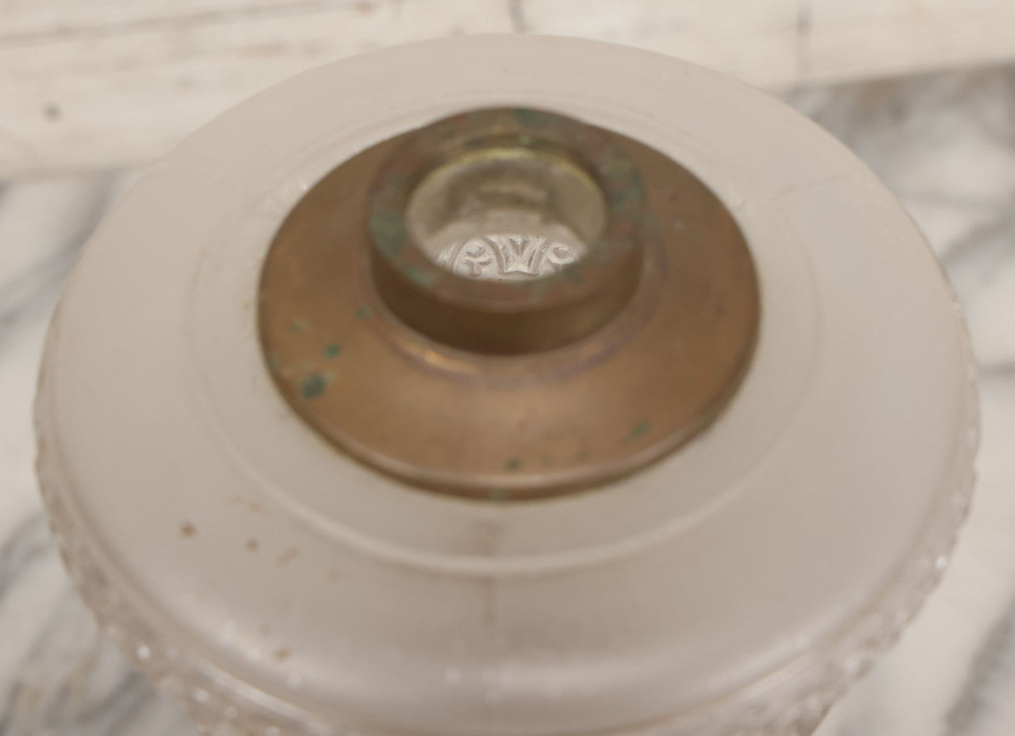 Lot 041 -  Antique Milk Glass And Brass Oil Lamp Base With Painted Red Butterfly Motif And Frosted Font