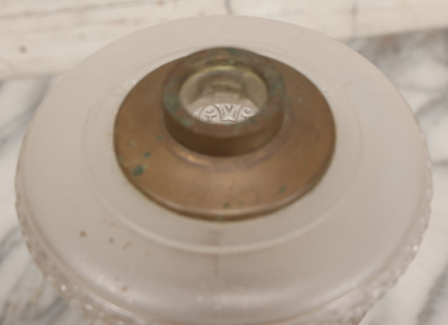 Lot 041 -  Antique Milk Glass And Brass Oil Lamp Base With Painted Red Butterfly Motif And Frosted Font