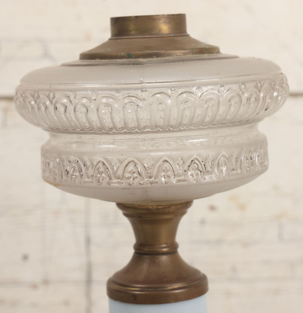 Lot 041 -  Antique Milk Glass And Brass Oil Lamp Base With Painted Red Butterfly Motif And Frosted Font
