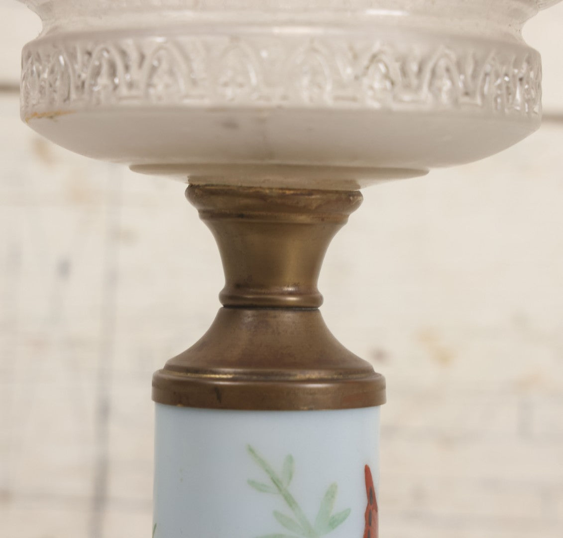 Lot 041 -  Antique Milk Glass And Brass Oil Lamp Base With Painted Red Butterfly Motif And Frosted Font