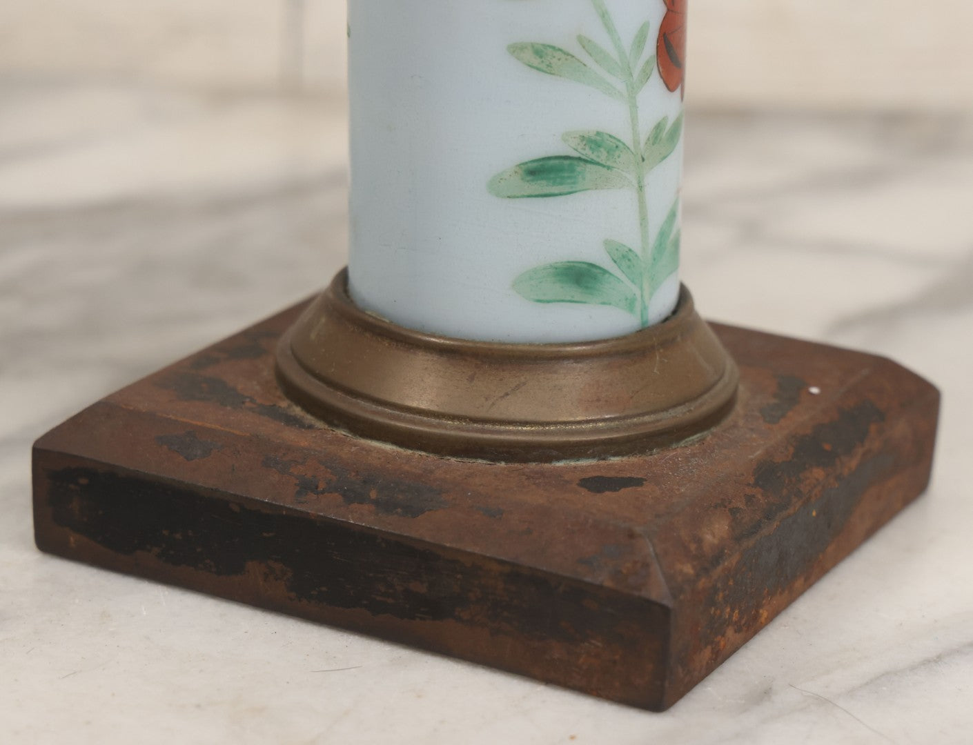 Lot 041 -  Antique Milk Glass And Brass Oil Lamp Base With Painted Red Butterfly Motif And Frosted Font
