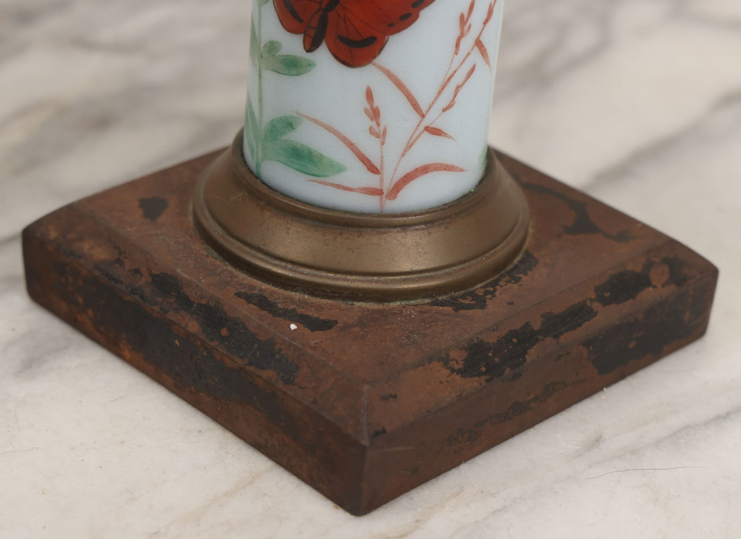 Lot 041 -  Antique Milk Glass And Brass Oil Lamp Base With Painted Red Butterfly Motif And Frosted Font