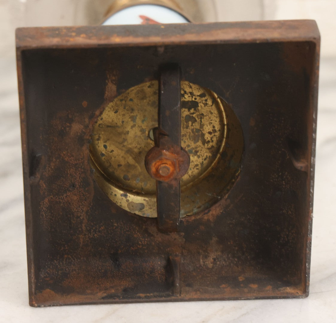 Lot 041 -  Antique Milk Glass And Brass Oil Lamp Base With Painted Red Butterfly Motif And Frosted Font