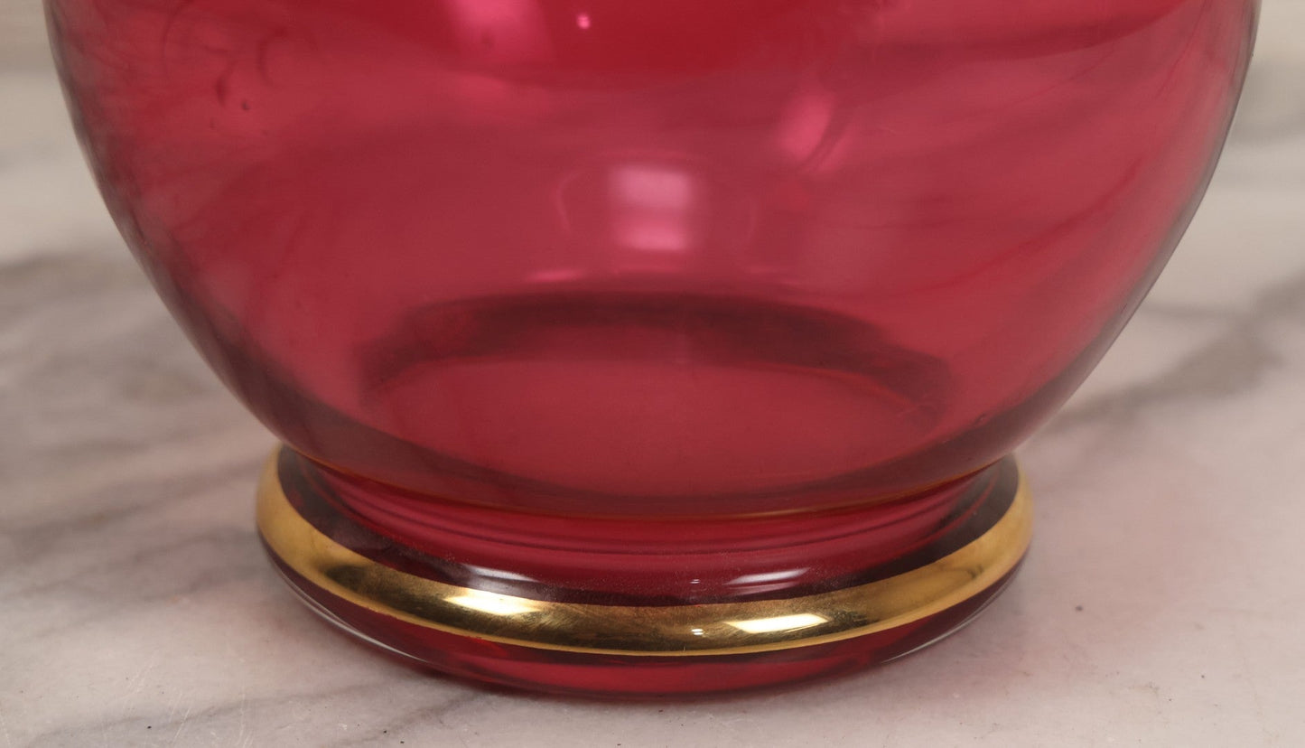 Lot 042 -  Antique Mary Gregory Style Cranberry Glass Pitcher Hand Painted Enamel Decoration Of Boy Playing Hoop And Gold Trim