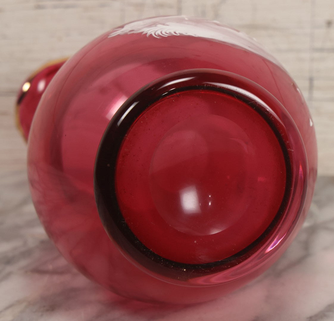 Lot 042 -  Antique Mary Gregory Style Cranberry Glass Pitcher Hand Painted Enamel Decoration Of Boy Playing Hoop And Gold Trim