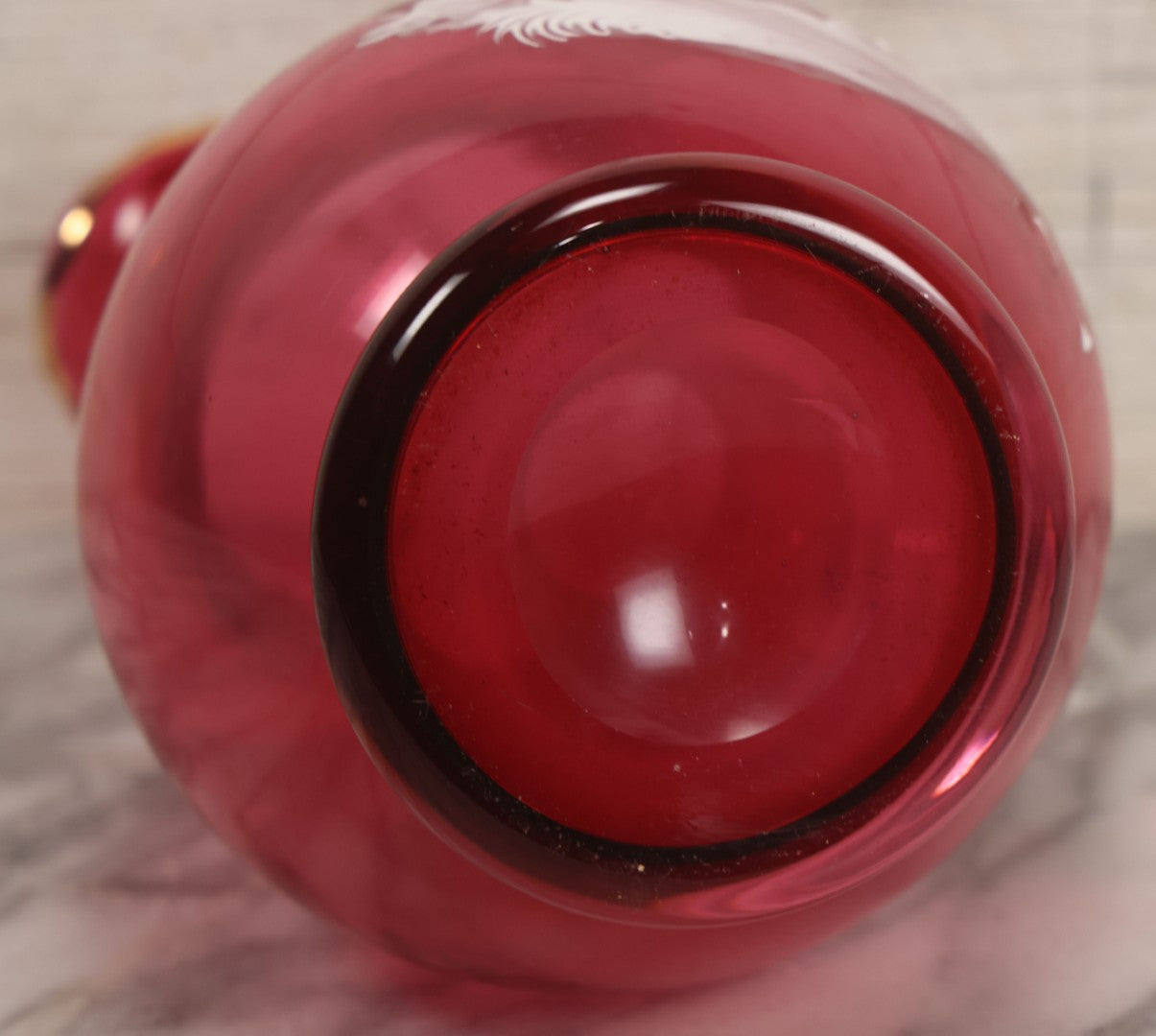 Lot 042 -  Antique Mary Gregory Style Cranberry Glass Pitcher Hand Painted Enamel Decoration Of Boy Playing Hoop And Gold Trim