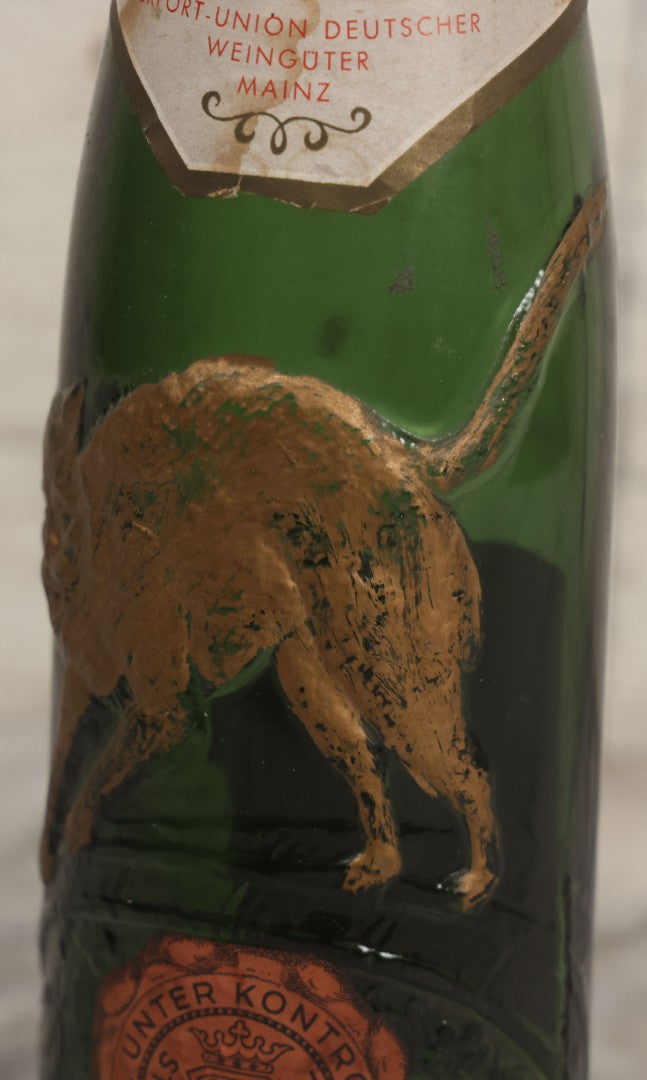 Lot 043 - Vintage Green Glass Embossed Wine Bottle With Painted Cat Motif, Zeller Schwarze Katz, Light Mosel Wine, Product, Bottled, And Shipped By Export Union Deutscher Weinguter, Mainz, Germany, 1966