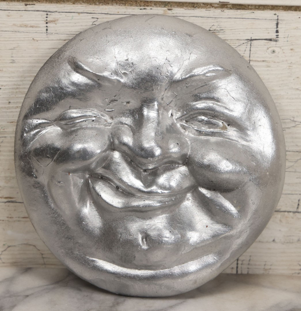Lot 044 - Vintage Concrete Smiling Moon Man Wall Hanger With Silver Paint