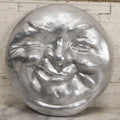 Lot 044 - Vintage Concrete Smiling Moon Man Wall Hanger With Silver Paint, 8-1/4" x 8-1/2"
