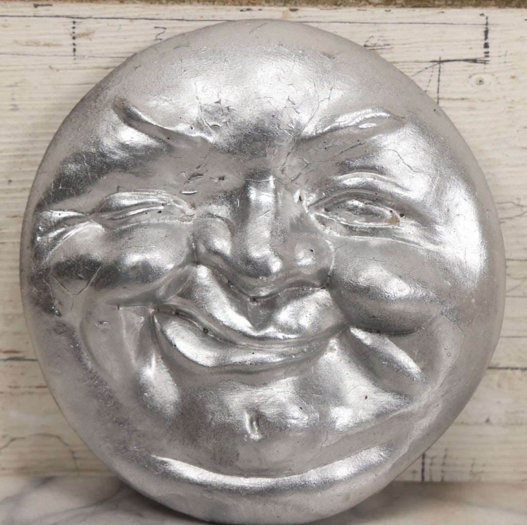 Lot 044 - Vintage Concrete Smiling Moon Man Wall Hanger With Silver Paint