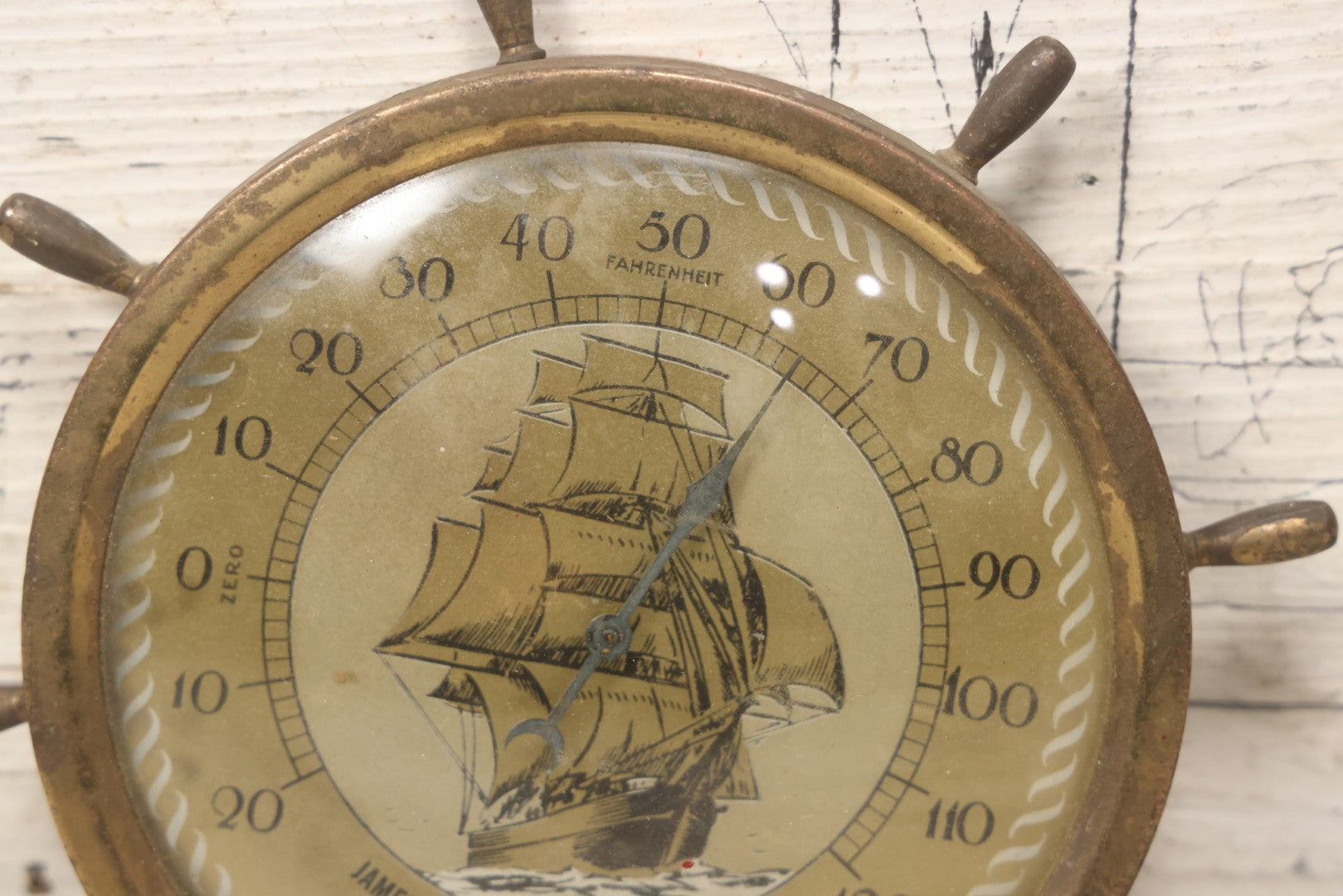 Lot 045 - Vintage Brass Advertising Thermometer With Nautical Motifs, Ship Wheel, Advertising James H. Ginley, Funeral Service, Walpole, Massachusetts