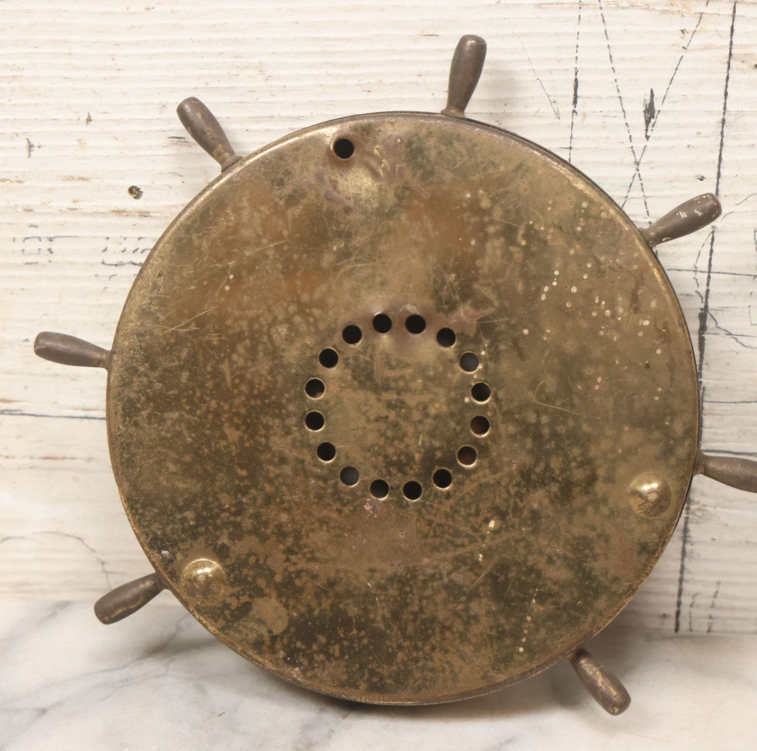 Lot 045 - Vintage Brass Advertising Thermometer With Nautical Motifs, Ship Wheel, Advertising James H. Ginley, Funeral Service, Walpole, Massachusetts