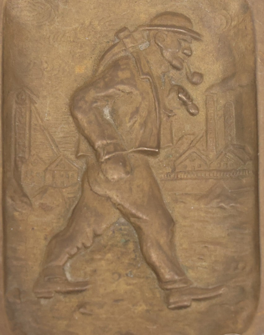 Lot 046 - Vintage Cast Brass Ashtray With Walking Miner Smoking Pipe, Carrying Pickaxe, World War Two Era, Stamped France, 1945, Depose