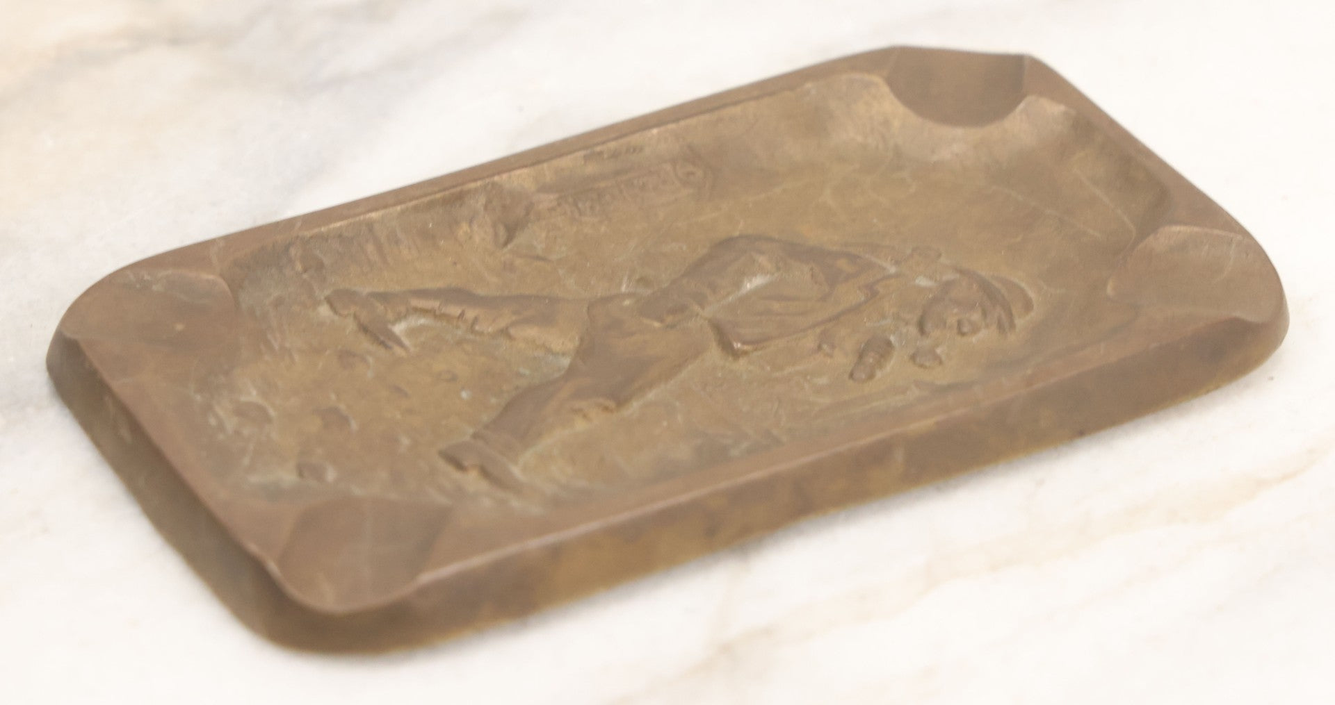 Lot 046 - Vintage Cast Brass Ashtray With Walking Miner Smoking Pipe, Carrying Pickaxe, World War Two Era, Stamped France, 1945, Depose