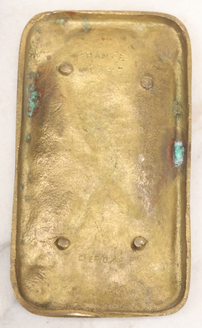 Lot 046 - Vintage Cast Brass Ashtray With Walking Miner Smoking Pipe, Carrying Pickaxe, World War Two Era, Stamped France, 1945, Depose